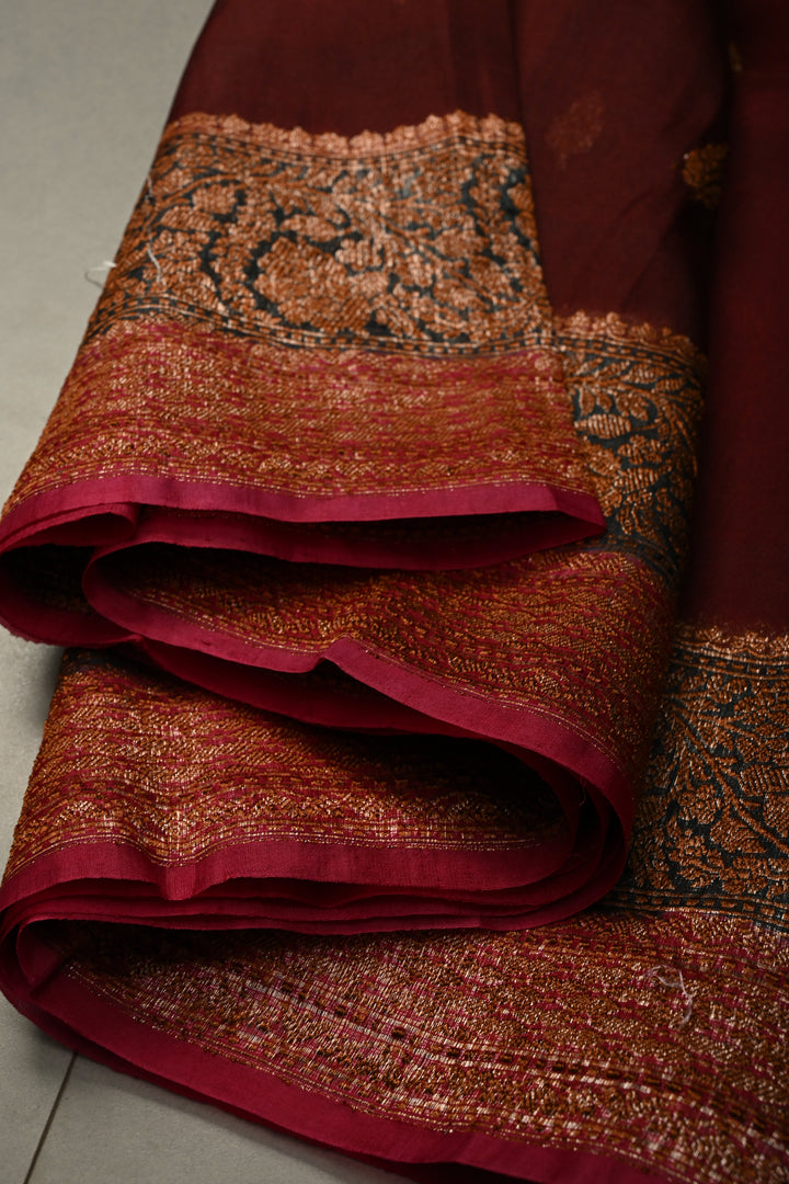 Rich Maroon Pure Banarasi Kora Silk Saree with Oxidized Zari Buttas and Green-Red Two Tone Zari Border | SILK MARK CERTIFIED | SHOBITAM