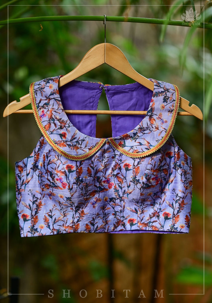 Lavender floral pure rawsilk collared blouse