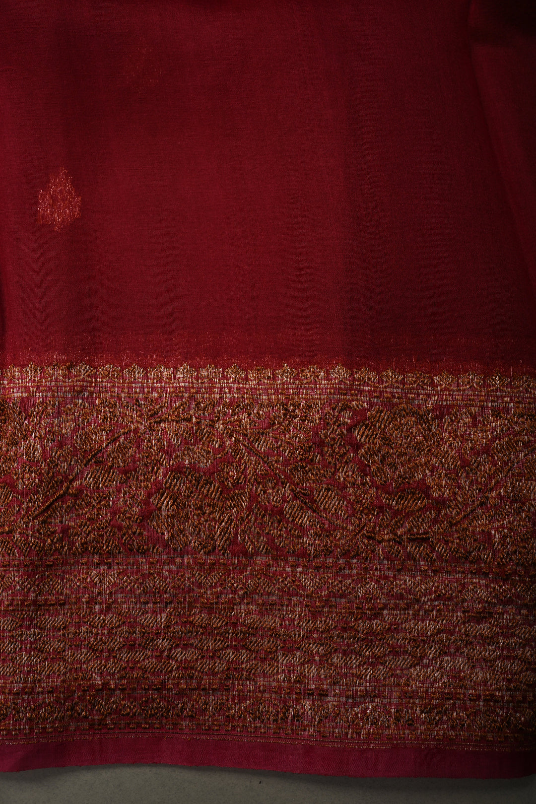 Rich Maroon Pure Banarasi Kora Silk Saree with Oxidized Zari Buttas and Green-Red Two Tone Zari Border | SILK MARK CERTIFIED | SHOBITAM