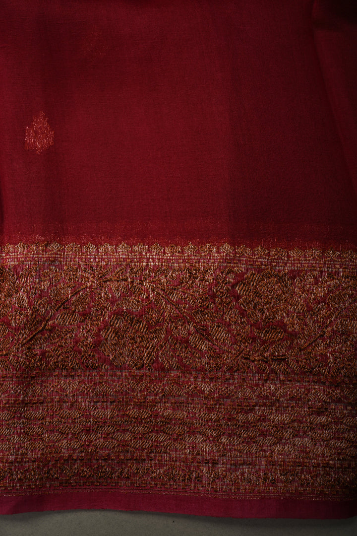Rich Maroon Pure Banarasi Kora Silk Saree with Oxidized Zari Buttas and Green-Red Two Tone Zari Border | SILK MARK CERTIFIED | SHOBITAM