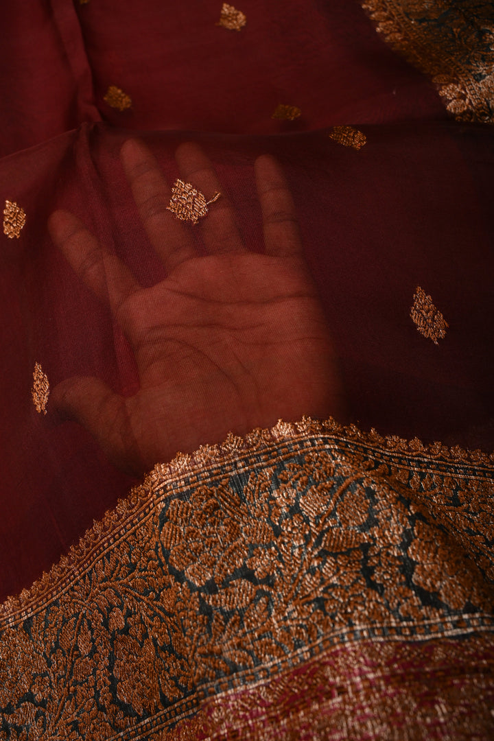 Rich Maroon Pure Banarasi Kora Silk Saree with Oxidized Zari Buttas and Green-Red Two Tone Zari Border | SILK MARK CERTIFIED | SHOBITAM