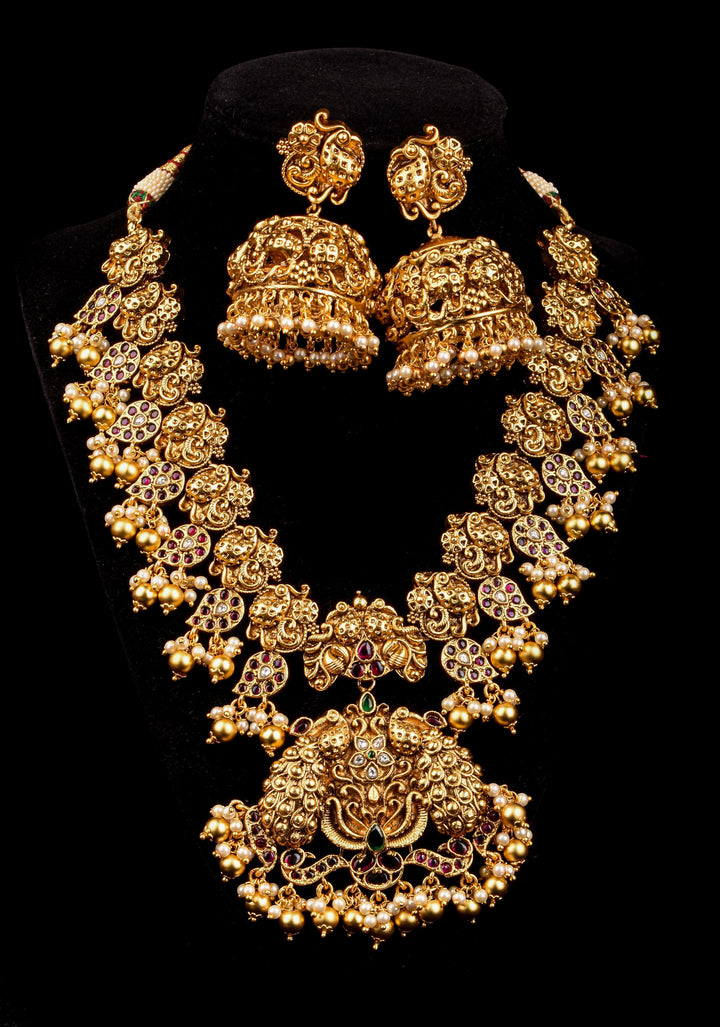 Peacock and Mango Units with Dangling Beads Necklace Set with Matching Earrings