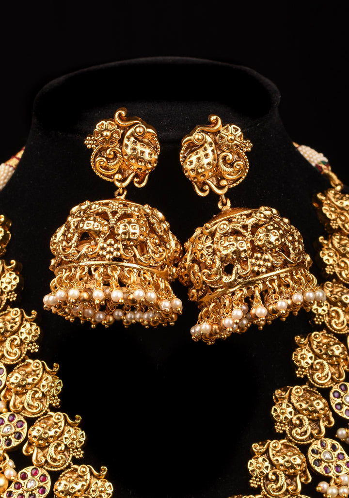 Peacock and Mango Units with Dangling Beads Necklace Set with Matching Earrings