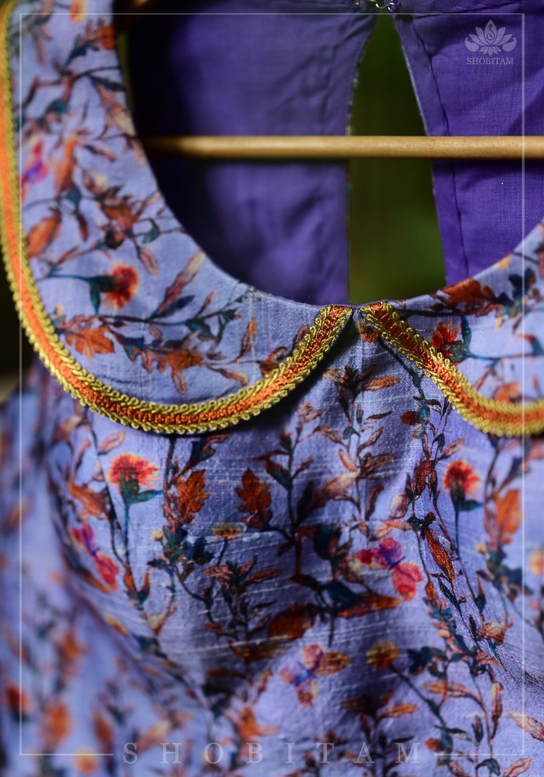 Lavender floral pure rawsilk collared blouse