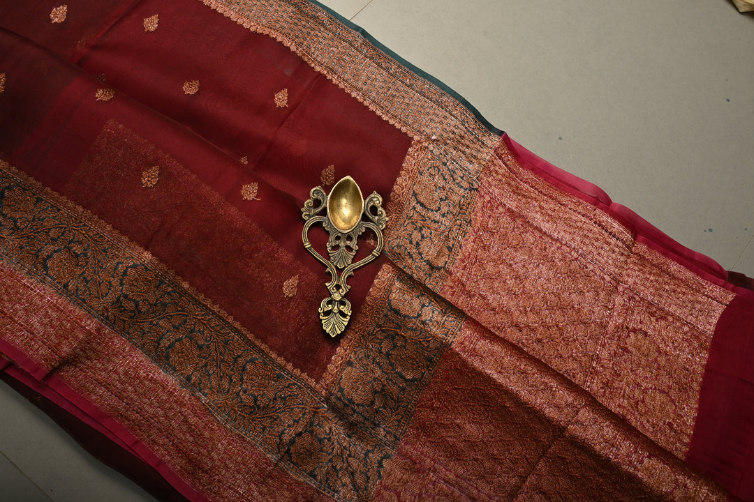 Rich Maroon Pure Banarasi Kora Silk Saree with Oxidized Zari Buttas and Green-Red Two Tone Zari Border | SILK MARK CERTIFIED | SHOBITAM