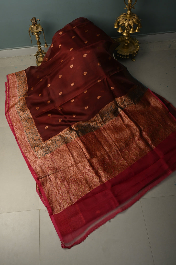 Rich Maroon Pure Banarasi Kora Silk Saree with Oxidized Zari Buttas and Green-Red Two Tone Zari Border | SILK MARK CERTIFIED | SHOBITAM