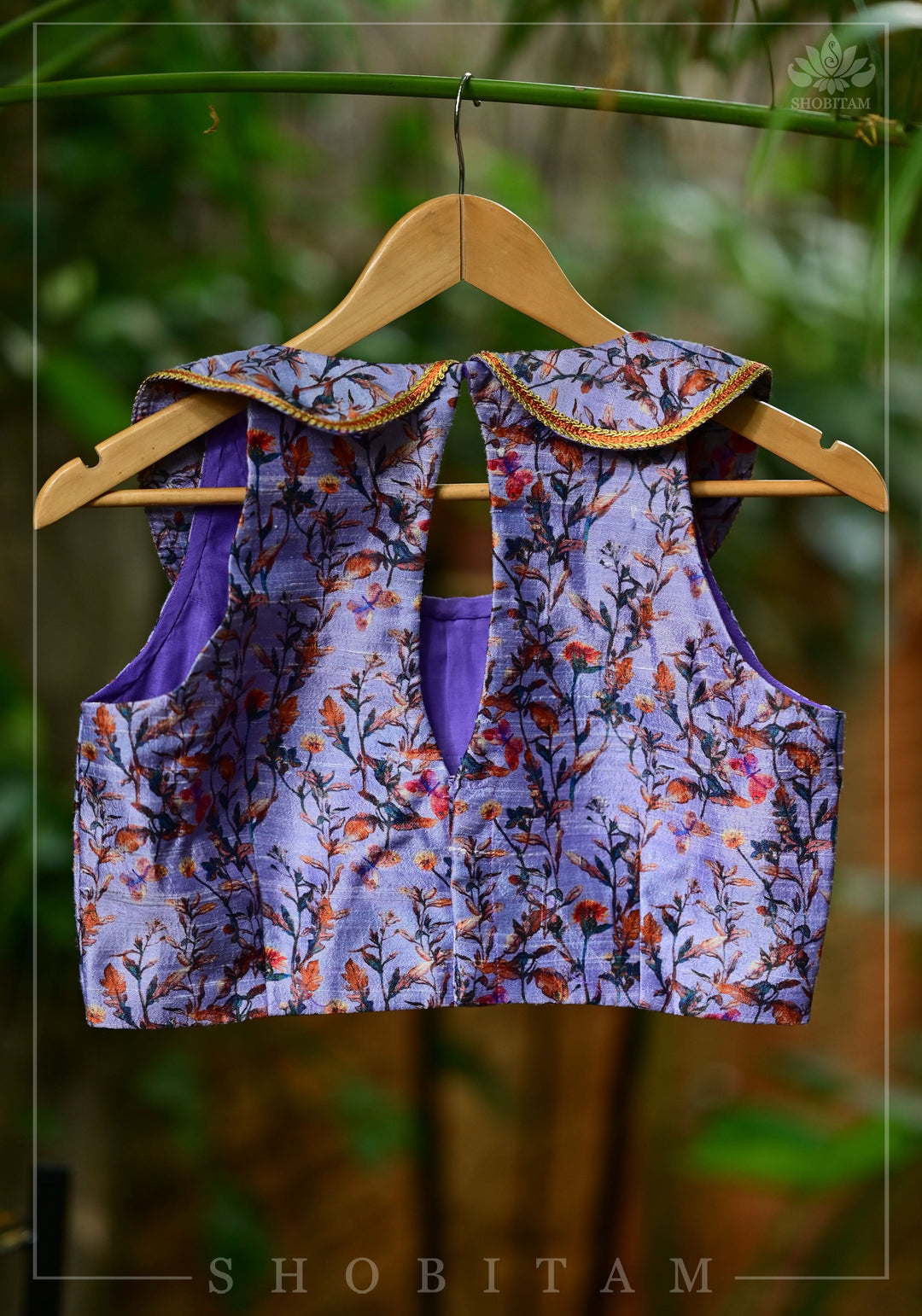 Lavender floral pure rawsilk collared blouse