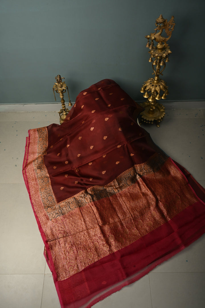 Rich Maroon Pure Banarasi Kora Silk Saree with Oxidized Zari Buttas and Green-Red Two Tone Zari Border | SILK MARK CERTIFIED | SHOBITAM