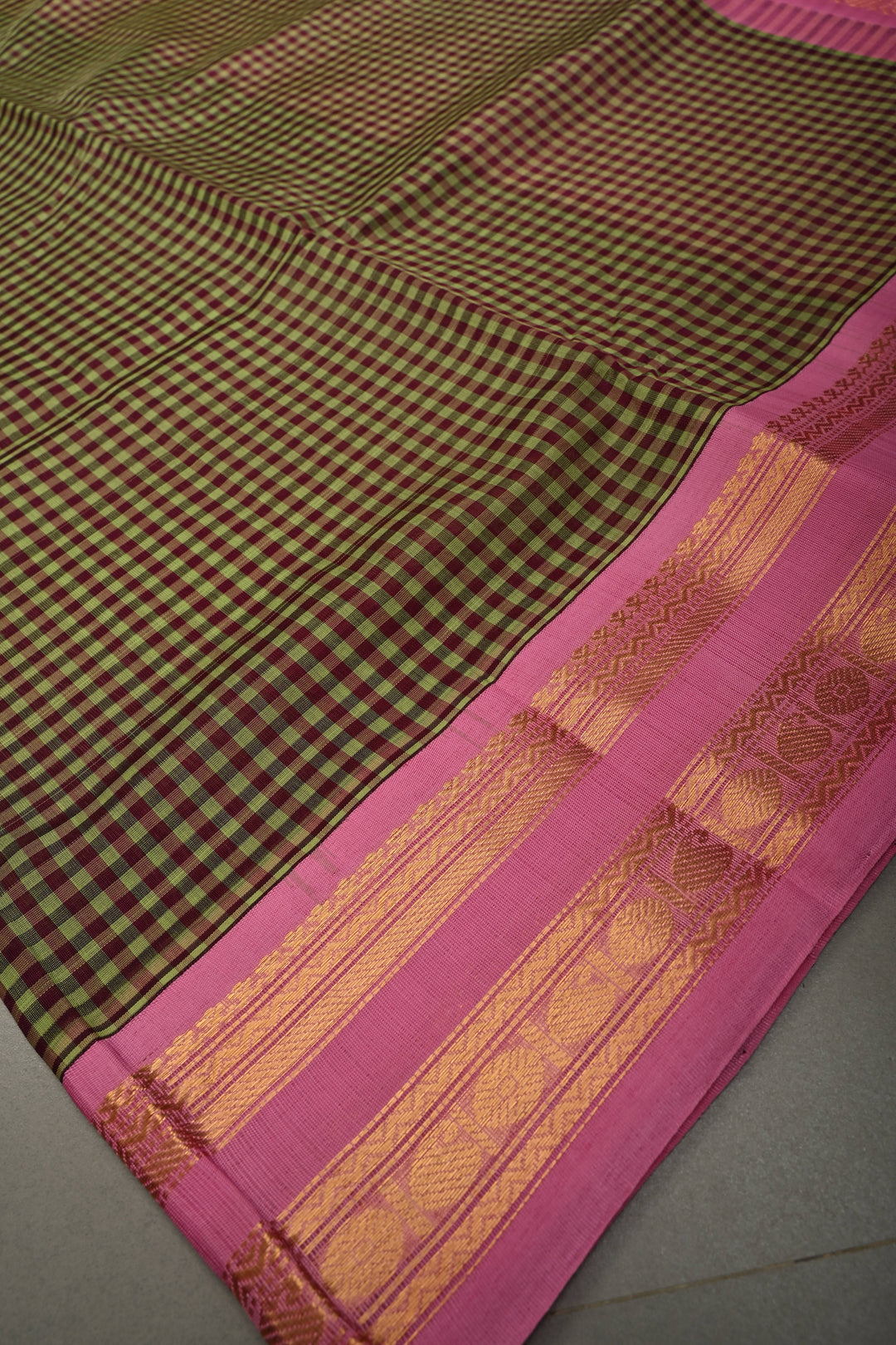 Green Podi-Kattam Checks on Kanchi Silk Cotton Saree with Contrast Pink Rettaipet Zari Border | SHOBITAM
