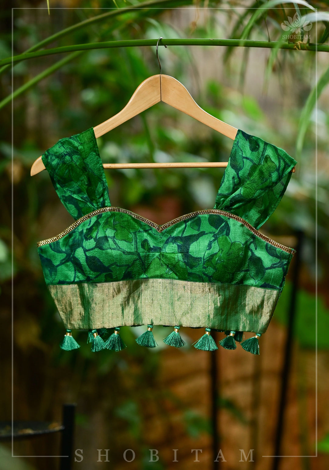 Green Pure Raw Silk Blouse with floral digital print and Tassels base