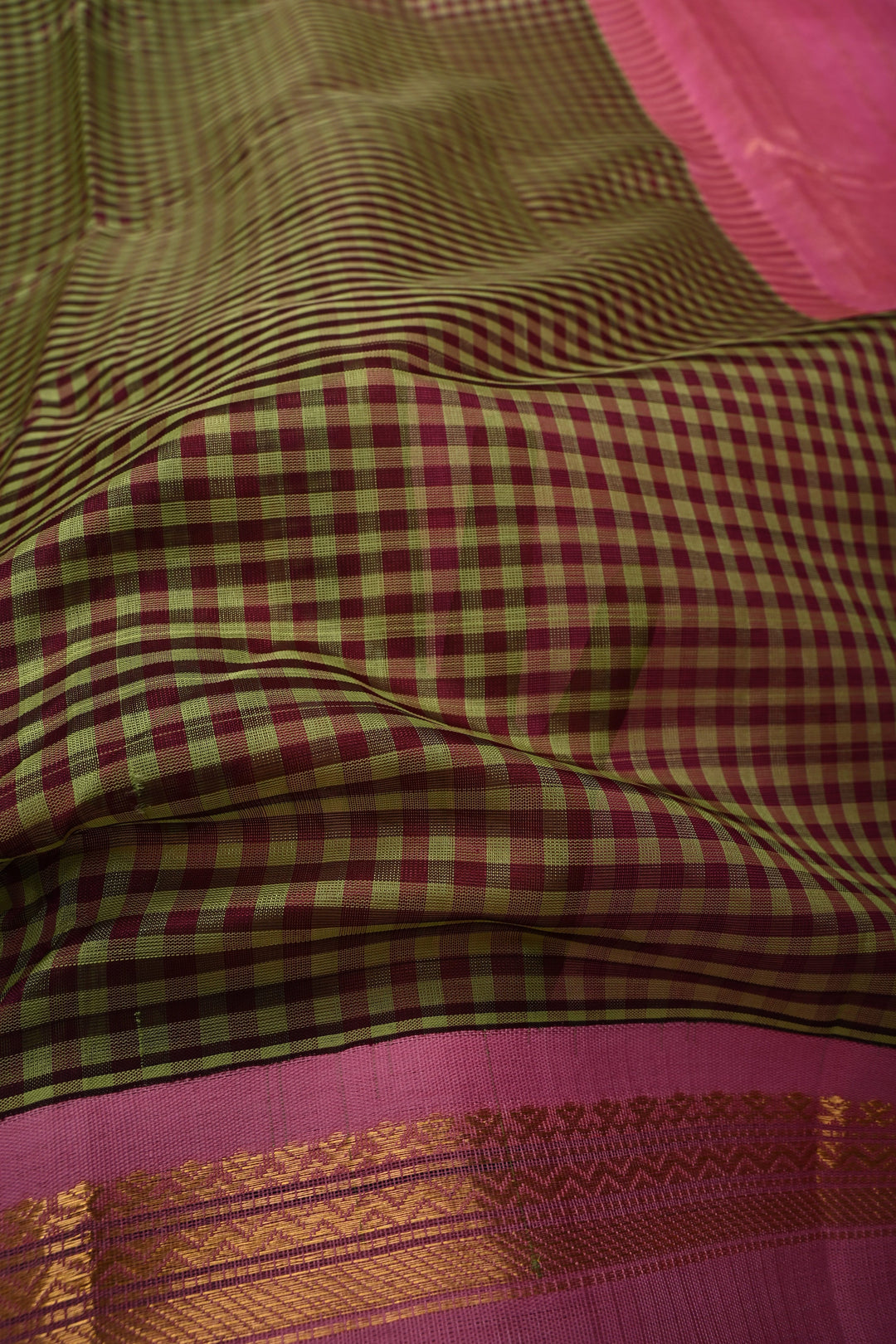 Green Podi-Kattam Checks on Kanchi Silk Cotton Saree with Contrast Pink Rettaipet Zari Border | SHOBITAM
