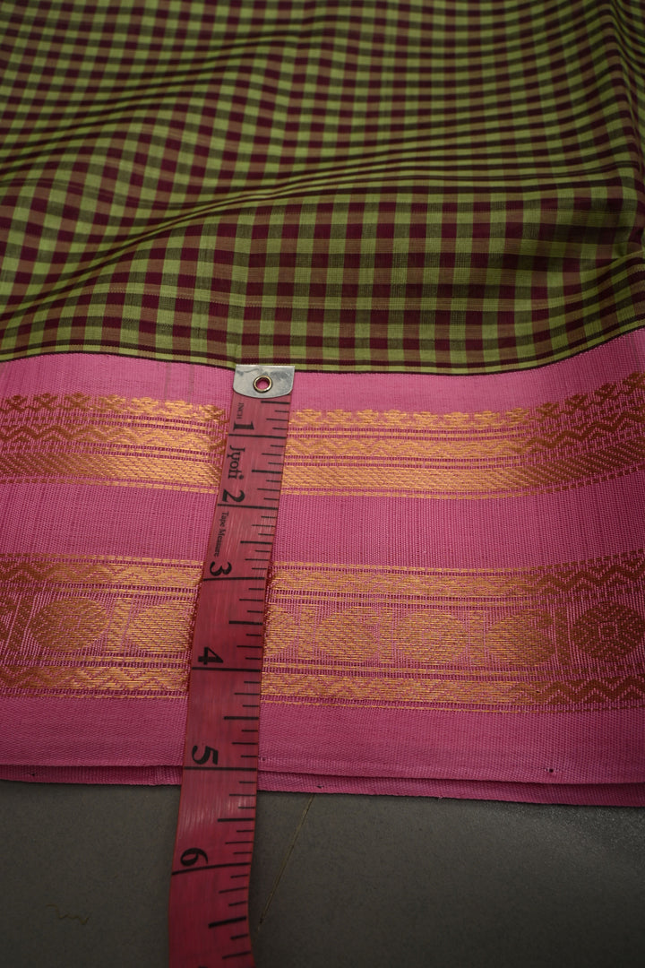 Green Podi-Kattam Checks on Kanchi Silk Cotton Saree with Contrast Pink Rettaipet Zari Border | SHOBITAM