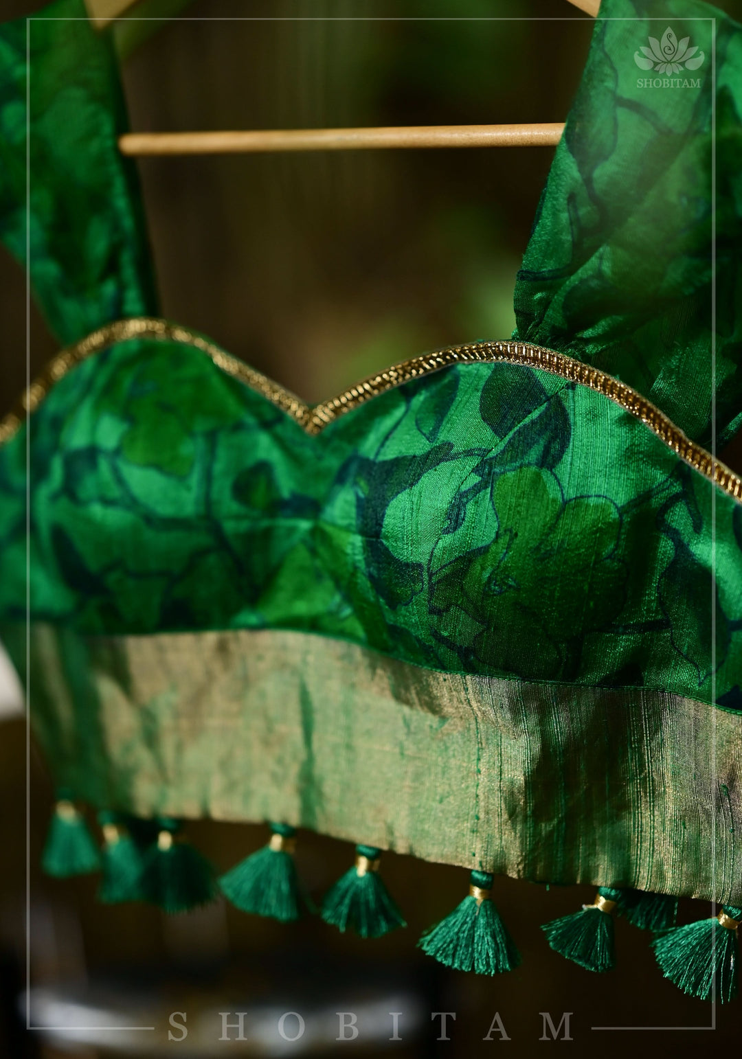 Green Pure Raw Silk Blouse with floral digital print and Tassels base