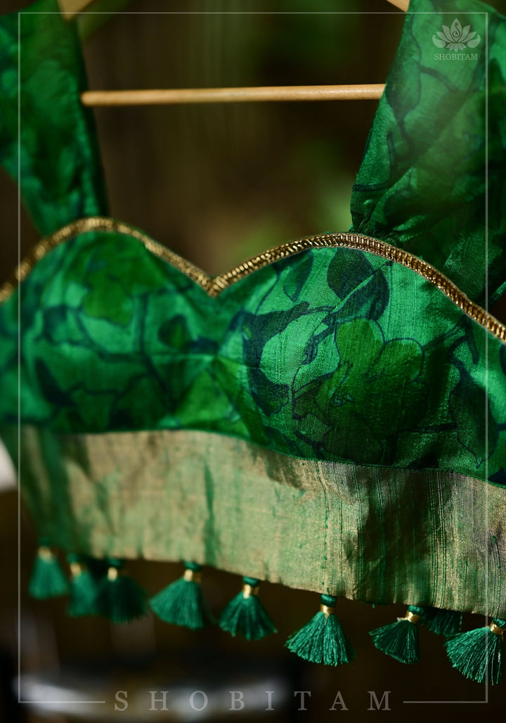Green Pure Raw Silk Blouse with floral digital print and Tassels base