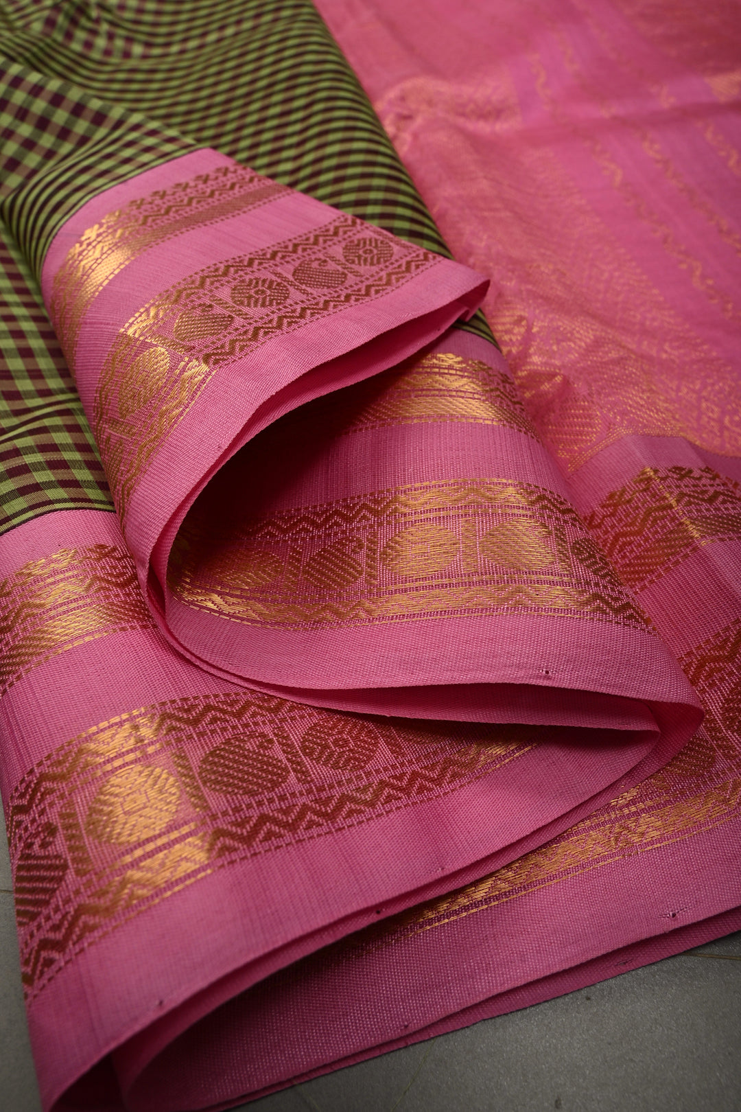 Green Podi-Kattam Checks on Kanchi Silk Cotton Saree with Contrast Pink Rettaipet Zari Border | SHOBITAM