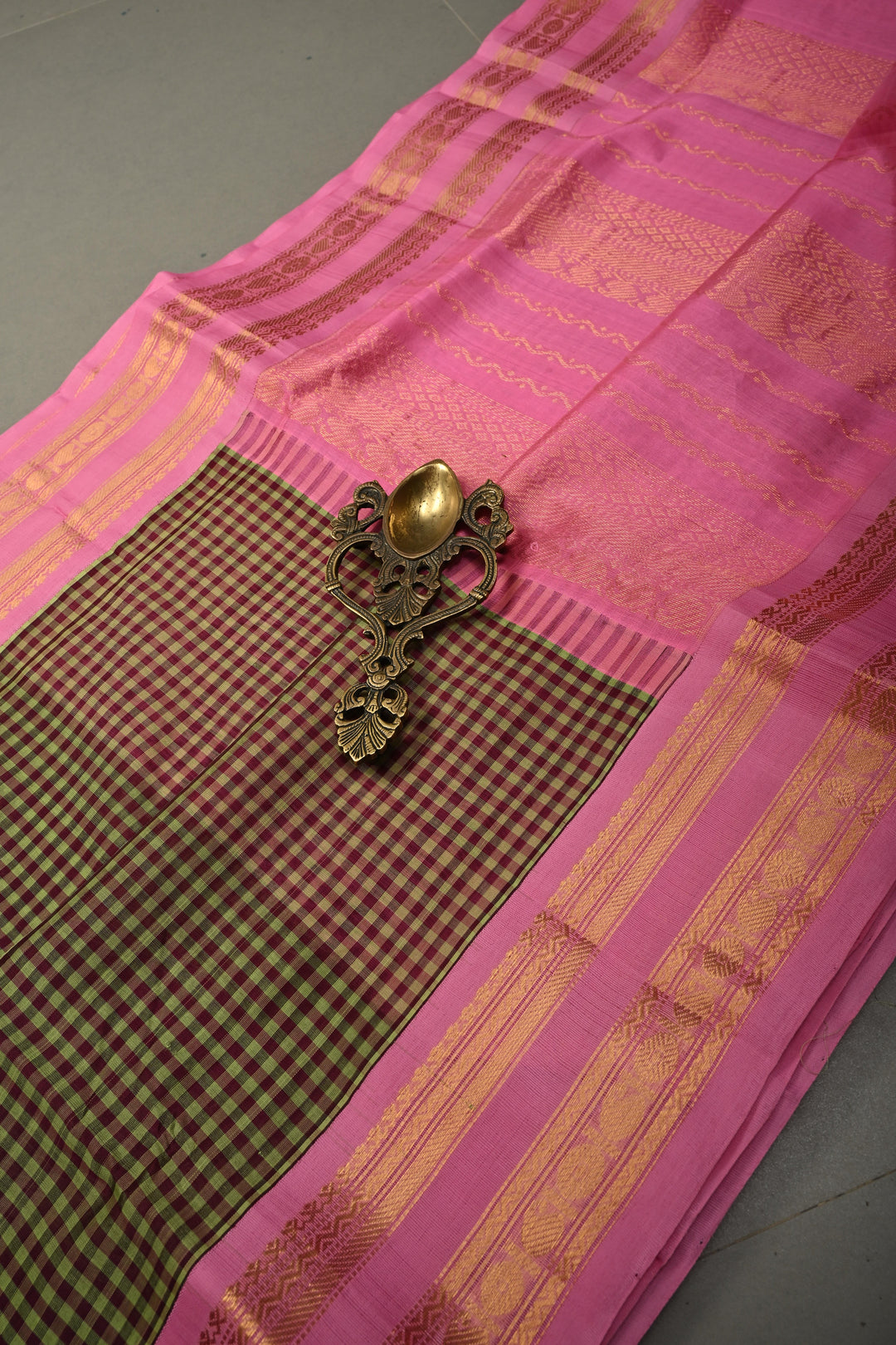 Green Podi-Kattam Checks on Kanchi Silk Cotton Saree with Contrast Pink Rettaipet Zari Border | SHOBITAM