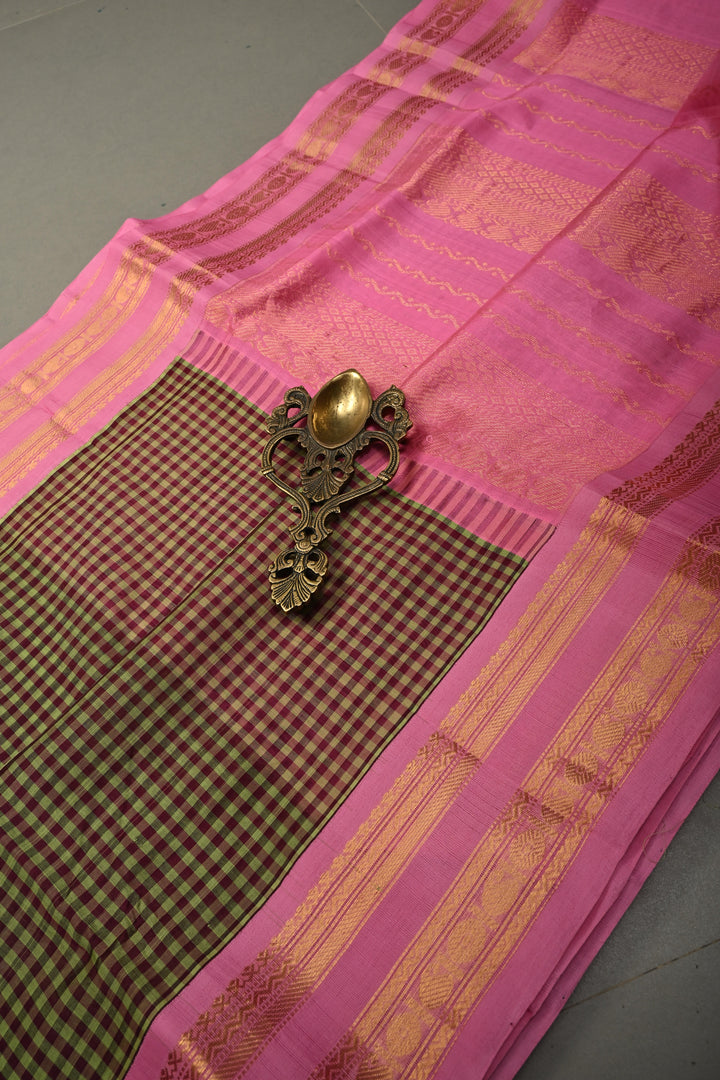 Green Podi-Kattam Checks on Kanchi Silk Cotton Saree with Contrast Pink Rettaipet Zari Border | SHOBITAM