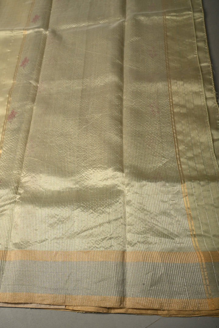 Pista Green Chanderi Silk Saree with Meenakari Floral Zari Buttas and Tissue Zari Border | SHOBITAM