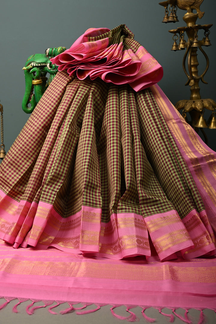 Green Podi-Kattam Checks on Kanchi Silk Cotton Saree with Contrast Pink Rettaipet Zari Border | SHOBITAM