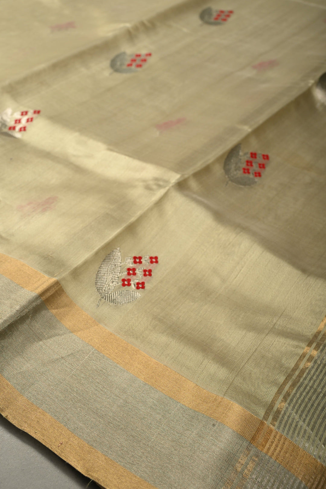 Pista Green Chanderi Silk Saree with Meenakari Floral Zari Buttas and Tissue Zari Border | SHOBITAM