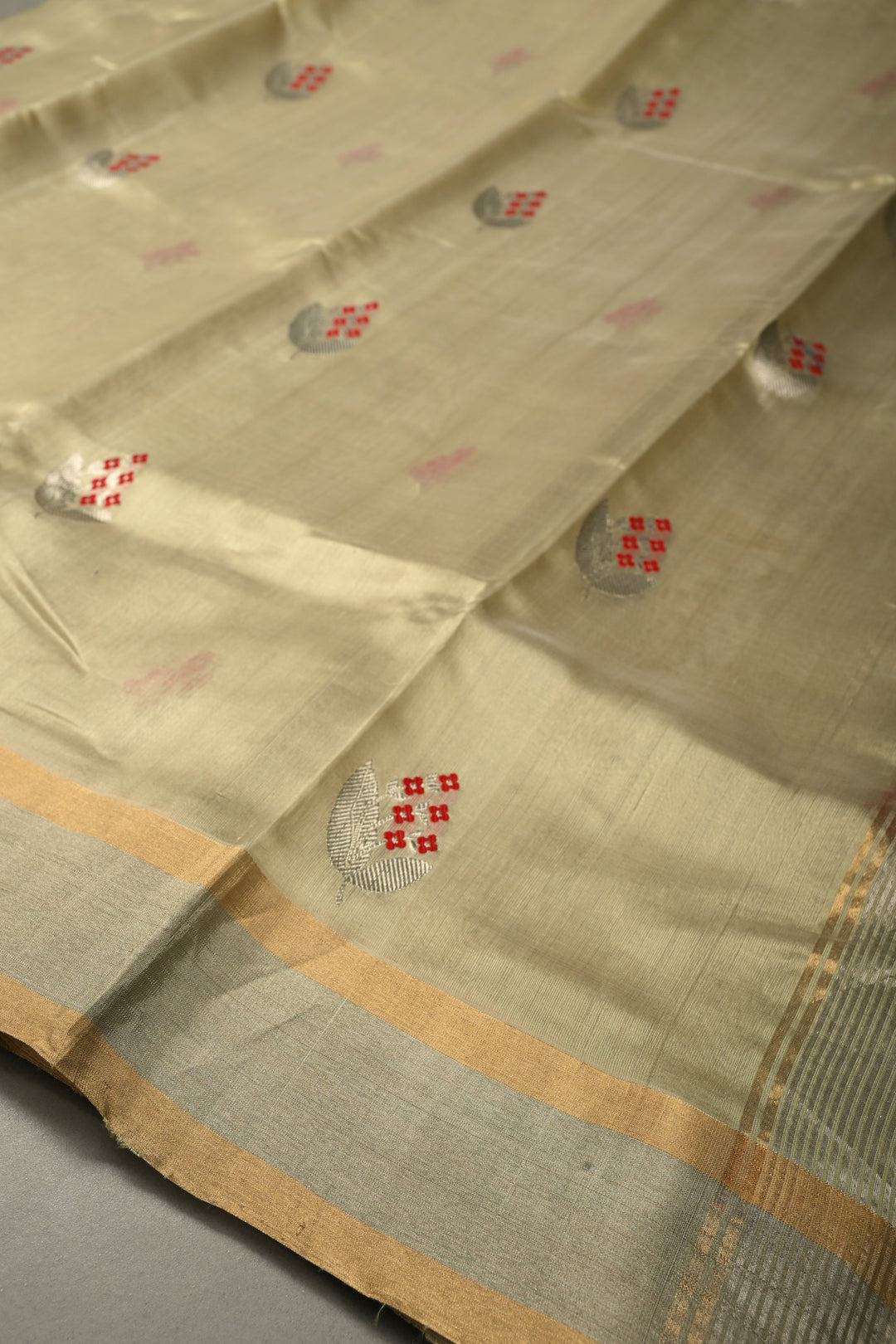 Pista Green Chanderi Silk Saree with Meenakari Floral Zari Buttas and Tissue Zari Border | SHOBITAM