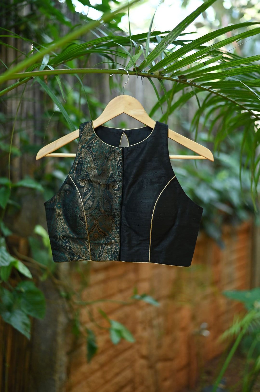 Made to Measure: Black green brocade & black rawsilk three loop back opening