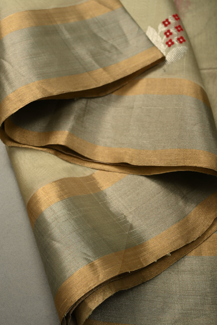 Pista Green Chanderi Silk Saree with Meenakari Floral Zari Buttas and Tissue Zari Border | SHOBITAM