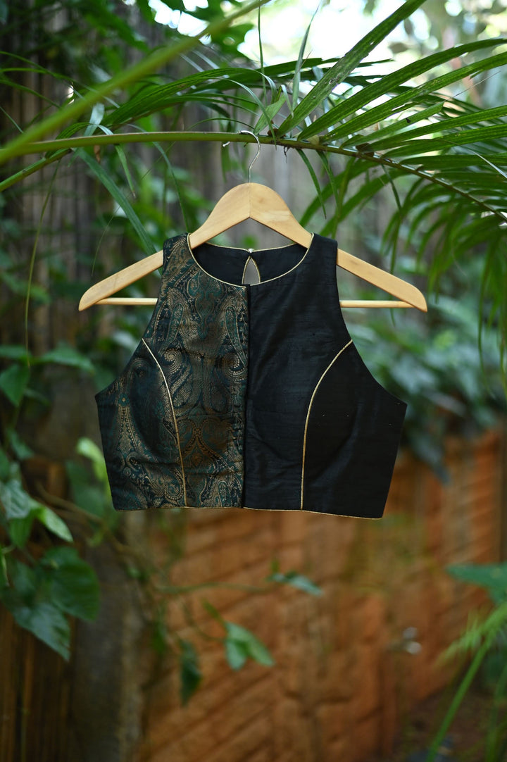 Made to Measure: Black green brocade & black rawsilk three loop back opening