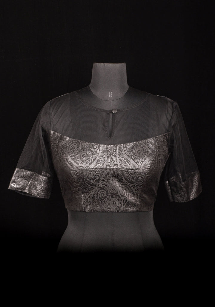 Size 38" Black Illusion Neck and sleeve Brocade Blouse