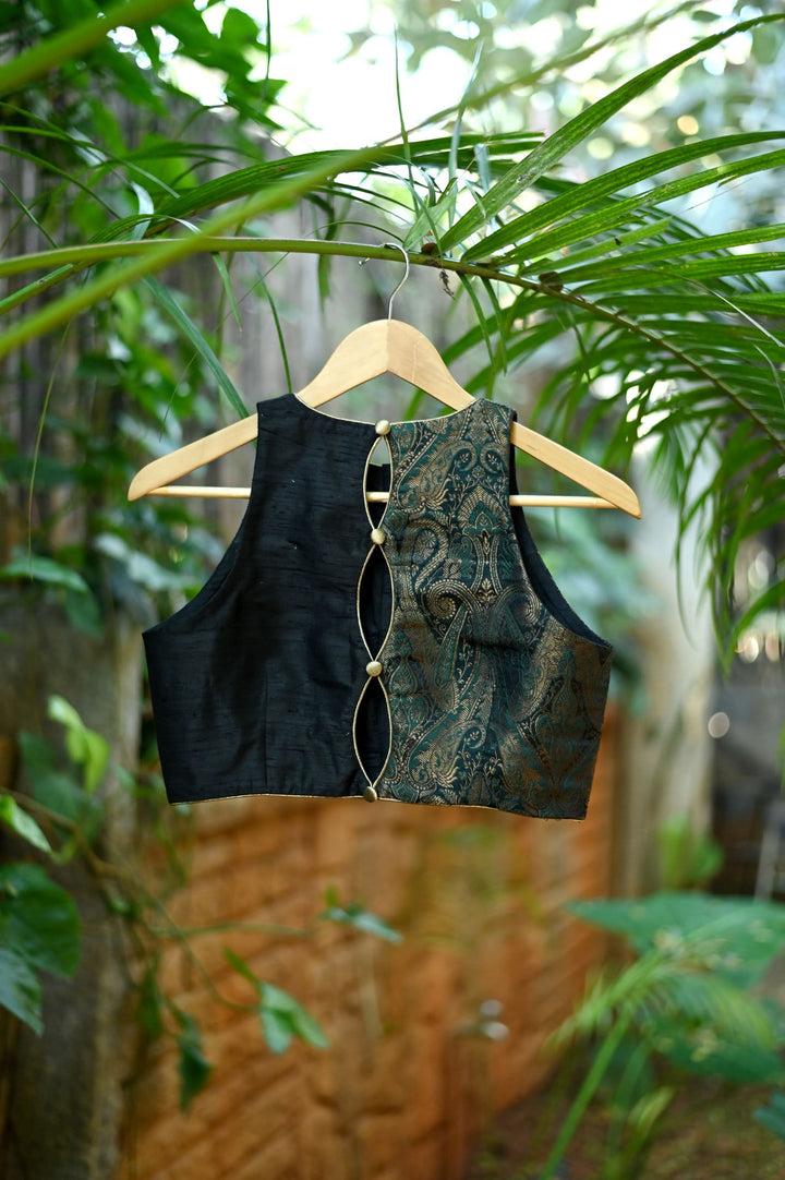 Made to Measure: Black green brocade & black rawsilk three loop back opening