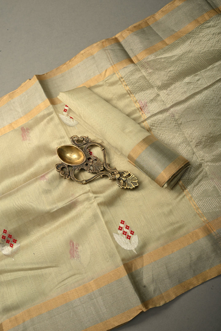 Pista Green Chanderi Silk Saree with Meenakari Floral Zari Buttas and Tissue Zari Border | SHOBITAM
