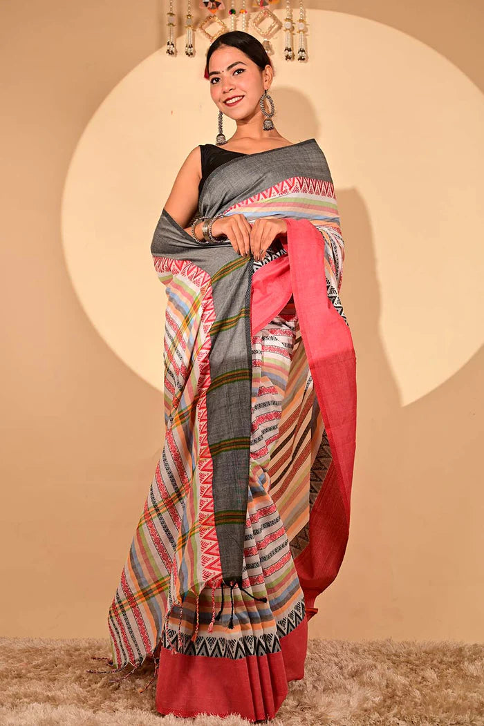 Ready To Wear Multicolor Begampuri weave cotton linen with Tassels on Pallu Wrap in 1 minute saree