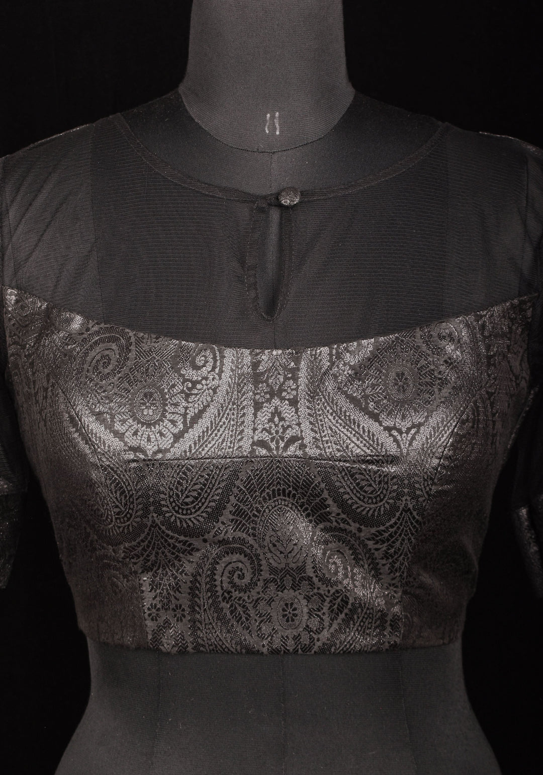 Size 38" Black Illusion Neck and sleeve Brocade Blouse