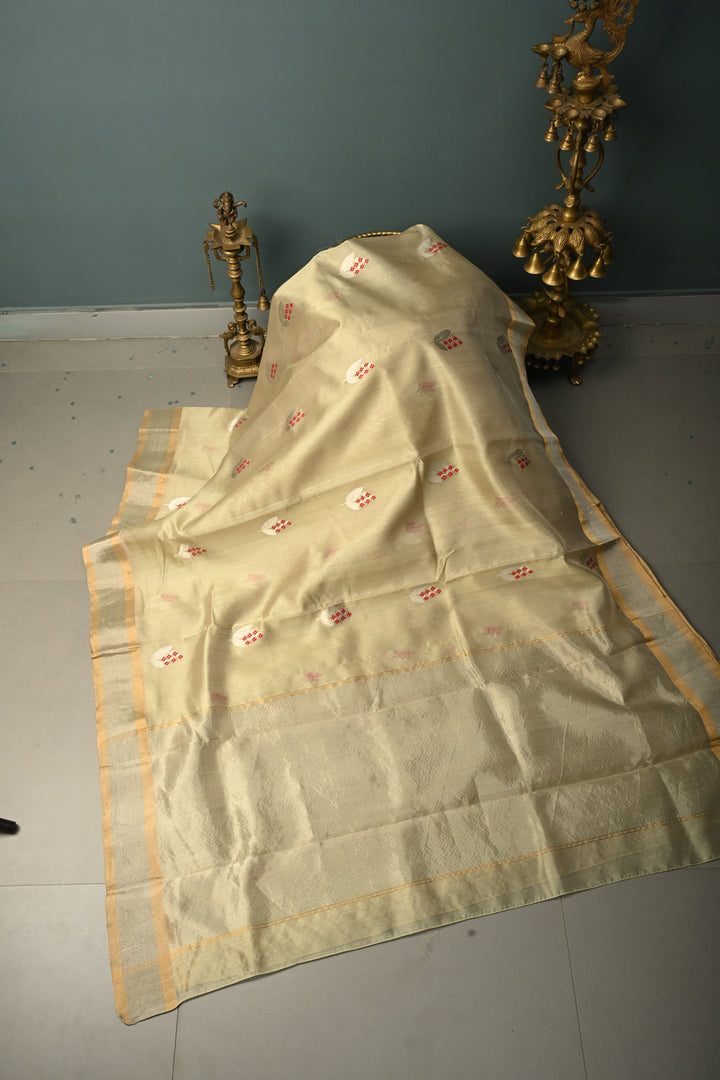 Pista Green Chanderi Silk Saree with Meenakari Floral Zari Buttas and Tissue Zari Border | SHOBITAM