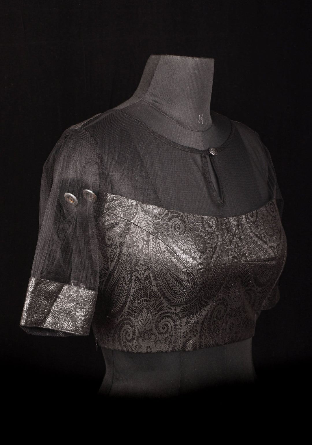 Size 38" Black Illusion Neck and sleeve Brocade Blouse