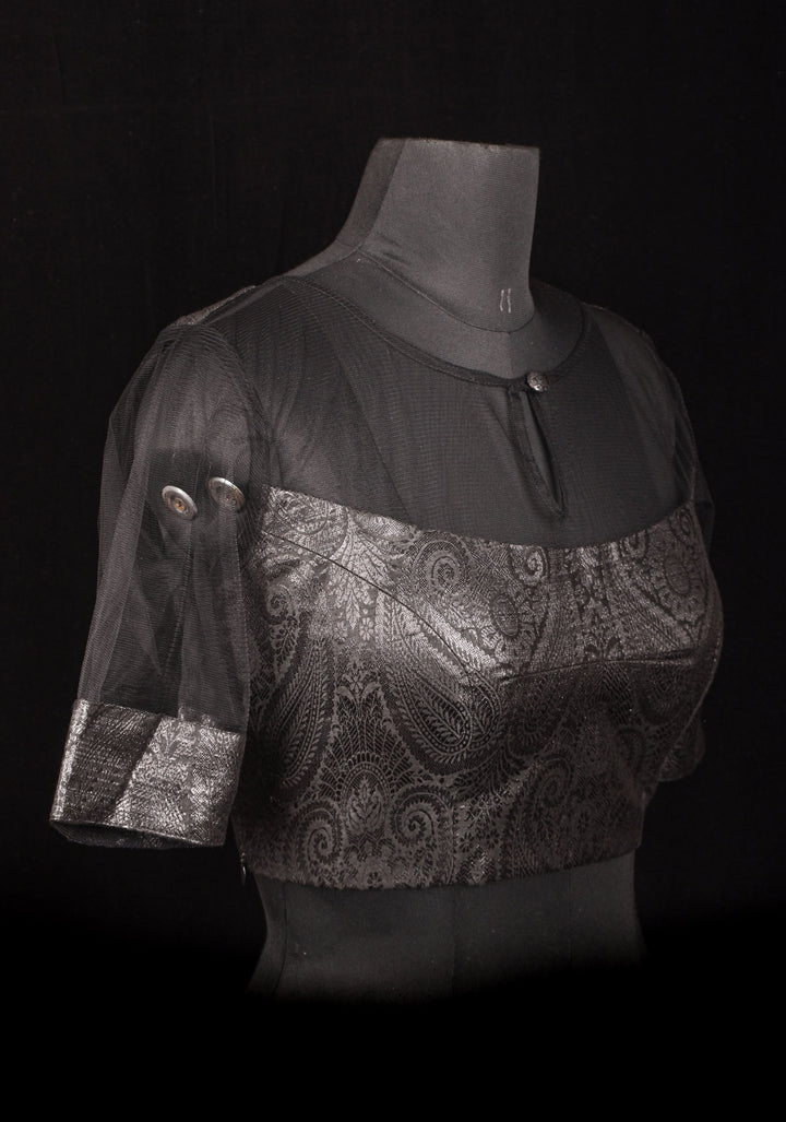 Size 38" Black Illusion Neck and sleeve Brocade Blouse