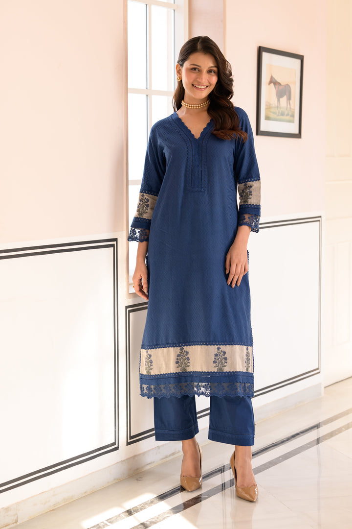 Blue Dobby Cotton Block Printed Kurta Set - SET OF-2 | SHOBITAM