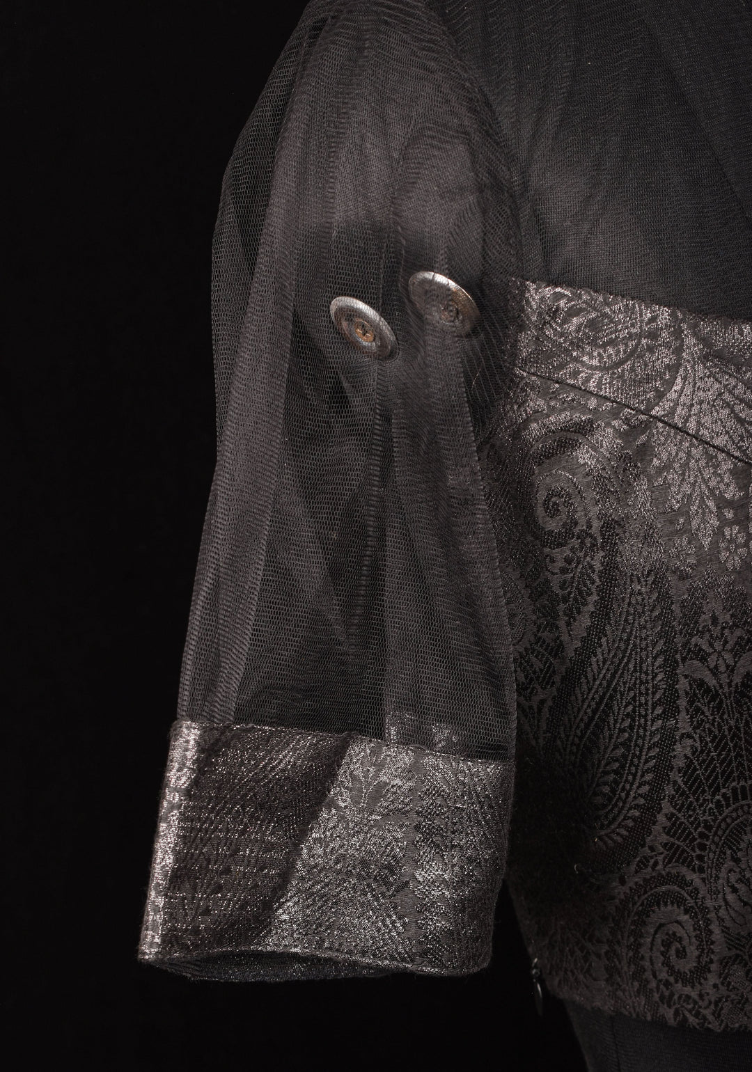 Size 38" Black Illusion Neck and sleeve Brocade Blouse