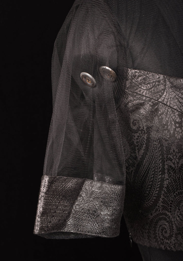 Size 38" Black Illusion Neck and sleeve Brocade Blouse