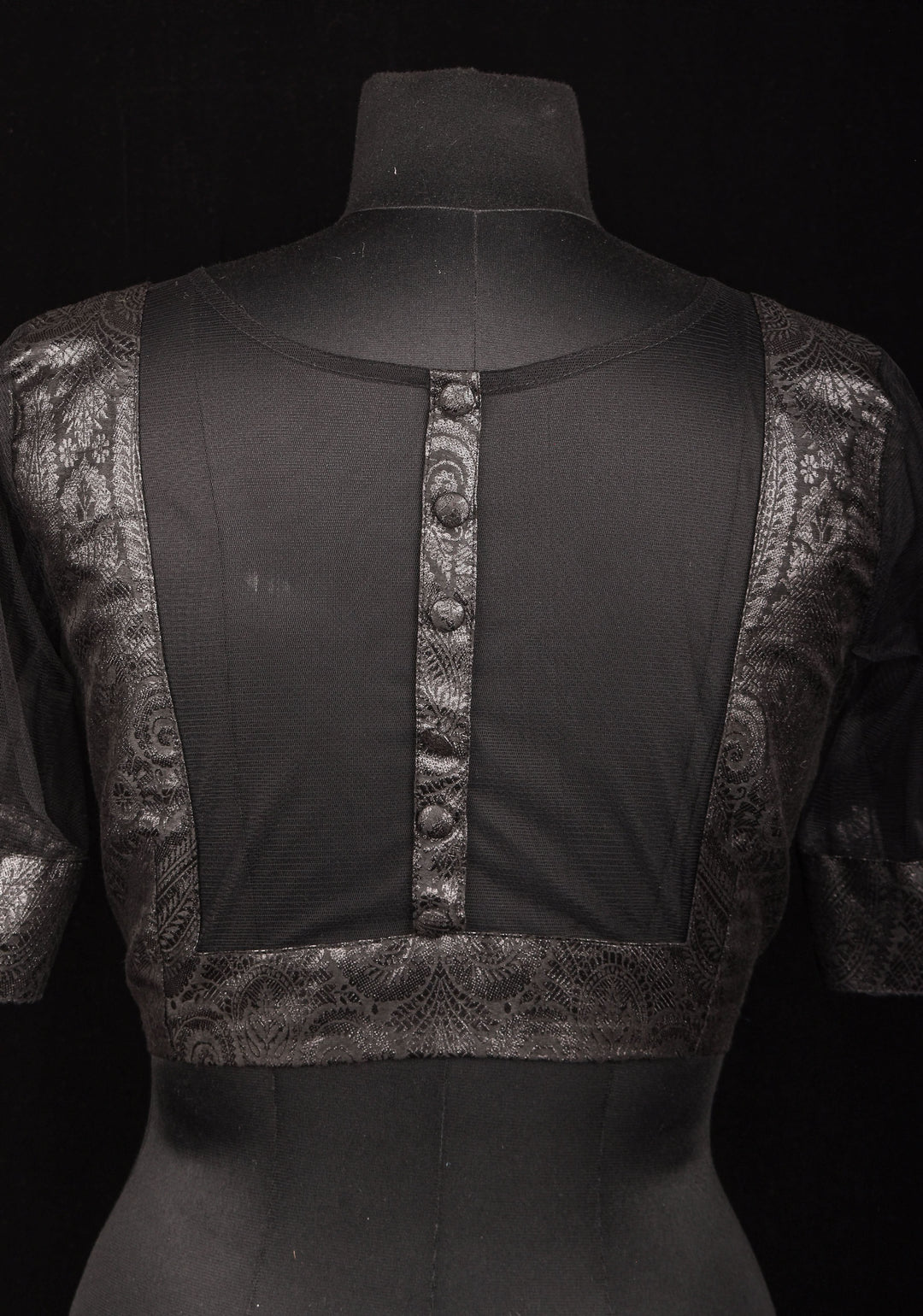 Size 38" Black Illusion Neck and sleeve Brocade Blouse