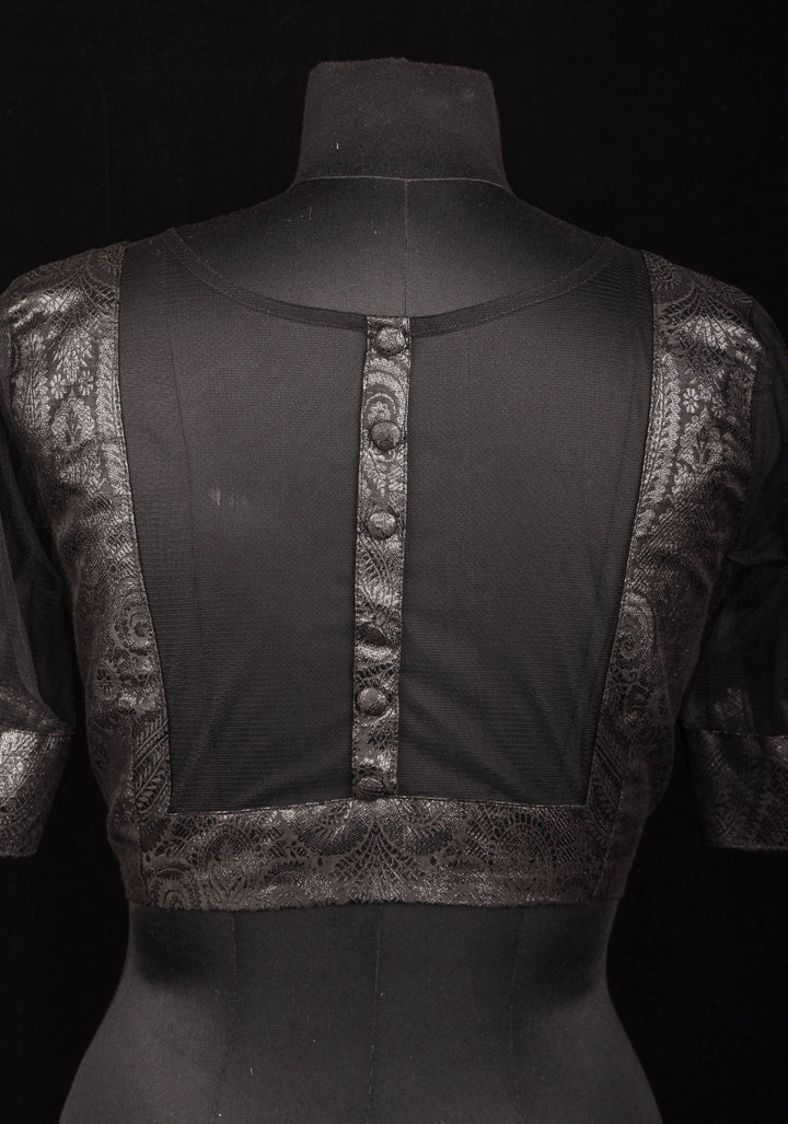 Size 38" Black Illusion Neck and sleeve Brocade Blouse