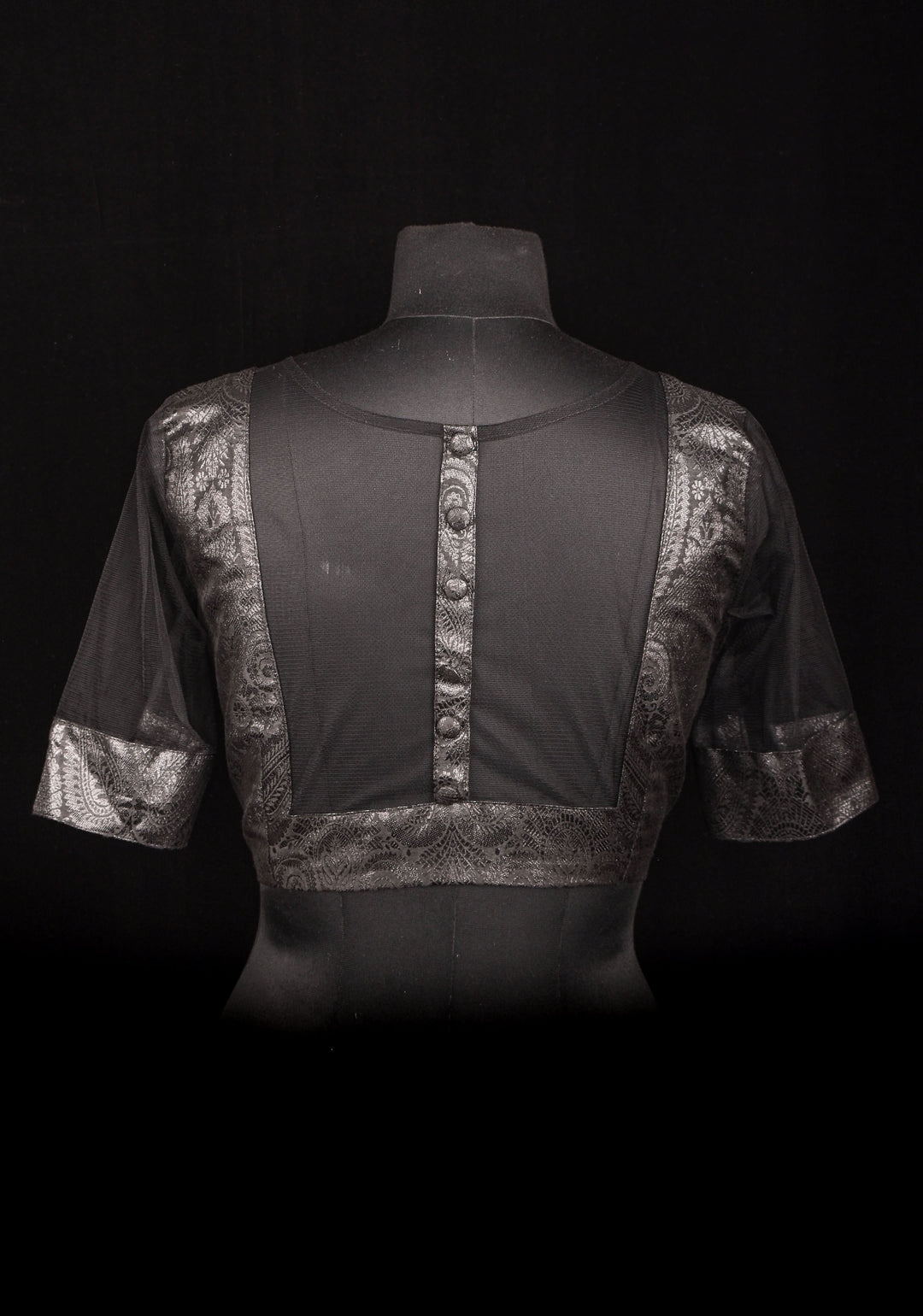 Size 38" Black Illusion Neck and sleeve Brocade Blouse
