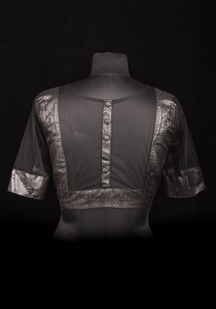 Size 38" Black Illusion Neck and sleeve Brocade Blouse