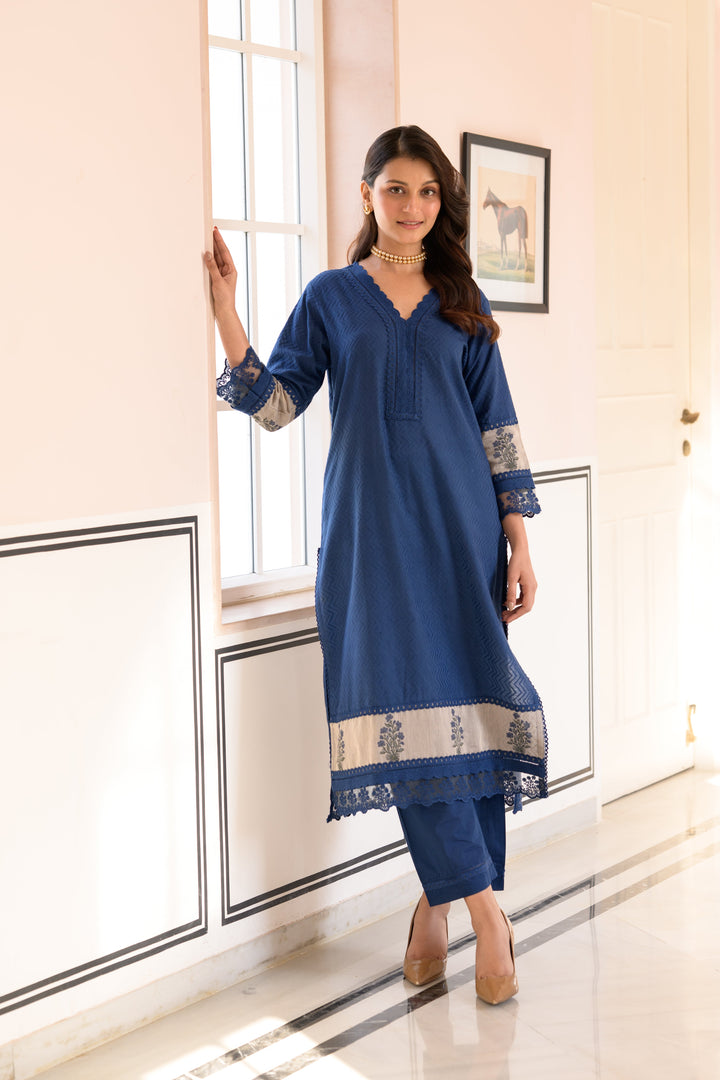 Blue Dobby Cotton Block Printed Kurta Set - SET OF-2 | SHOBITAM