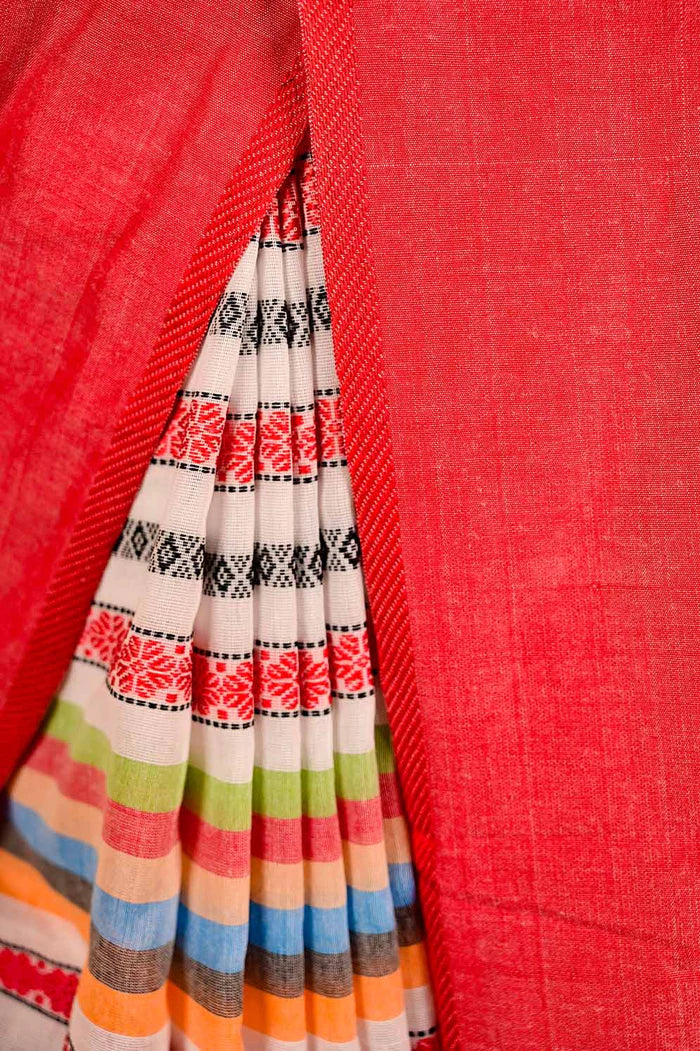 Ready To Wear Multicolor Begampuri weave cotton linen with Tassels on Pallu Wrap in 1 minute saree