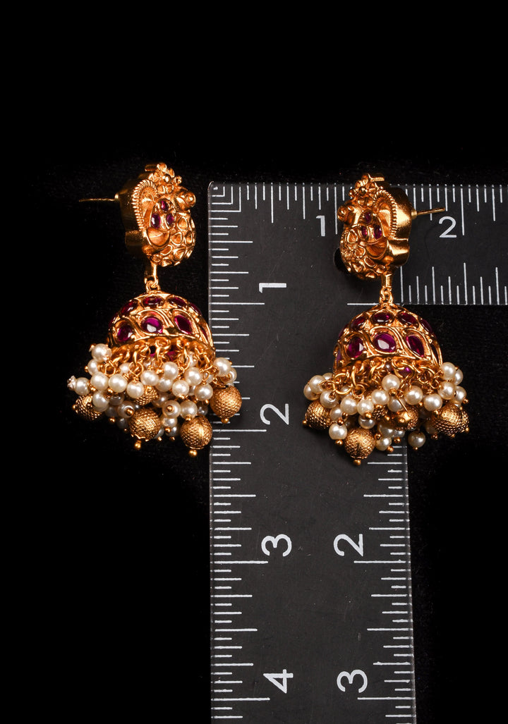 Peacock Jhumka Earrings in Kemp Stone with Dangling Pearls