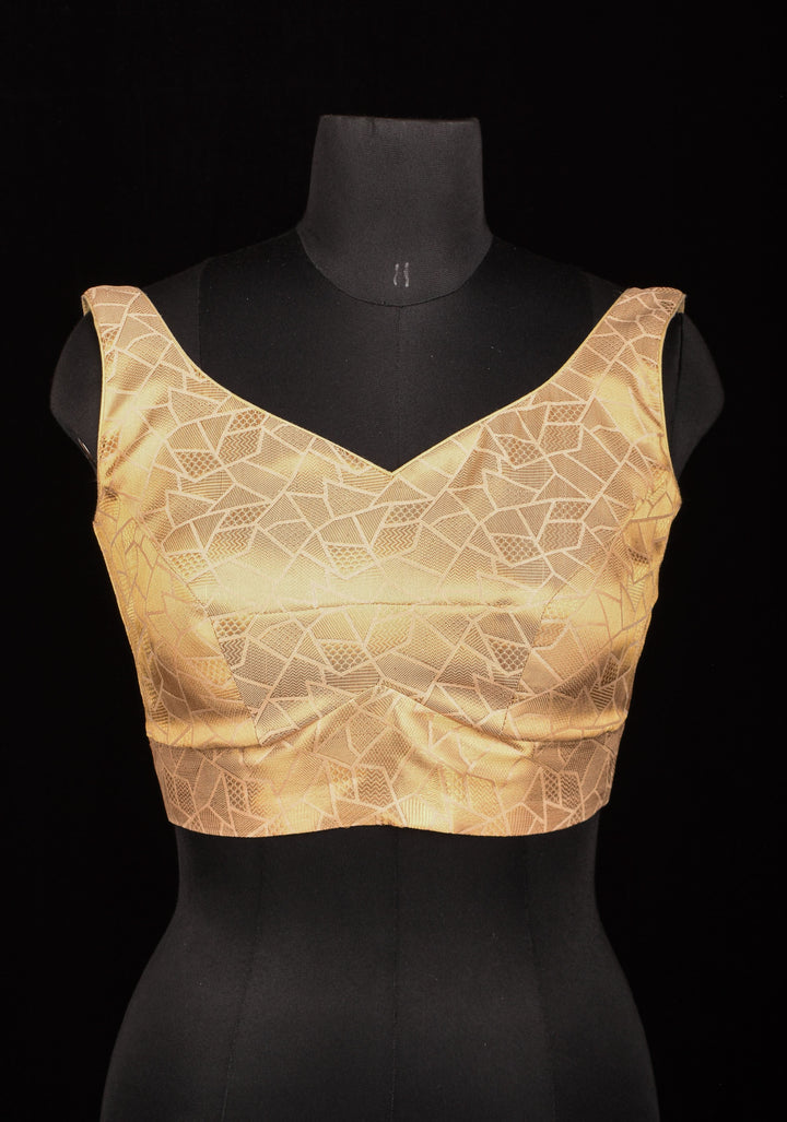 Size 34" Gold Abstract Pattern Brocade Blouse with Leaf Neck and Dori at the Back