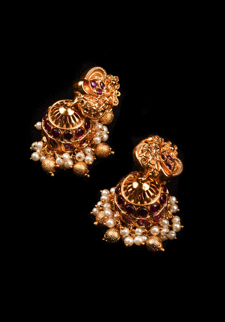 Peacock Jhumka Earrings in Kemp Stone with Dangling Pearls