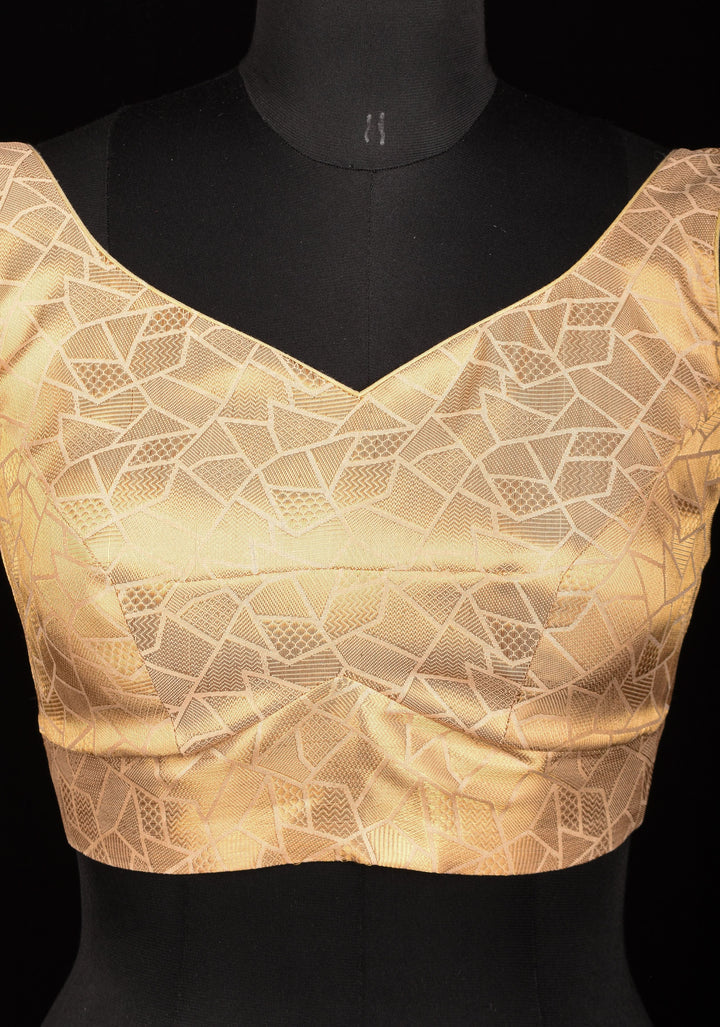 Size 34" Gold Abstract Pattern Brocade Blouse with Leaf Neck and Dori at the Back