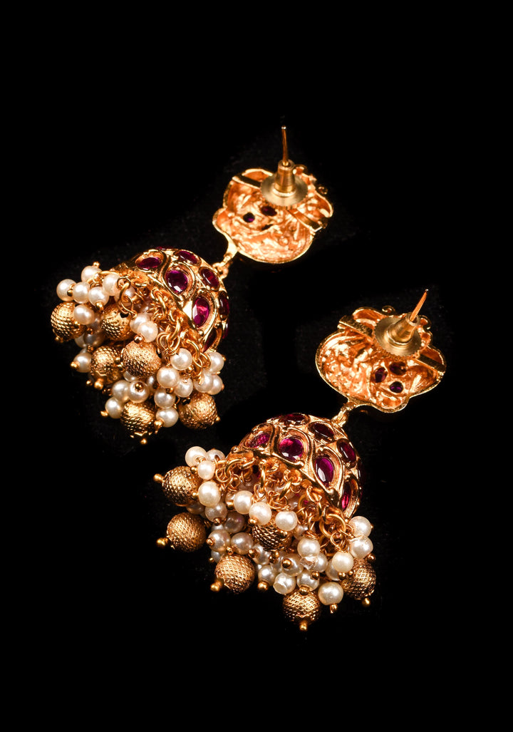 Peacock Jhumka Earrings in Kemp Stone with Dangling Pearls